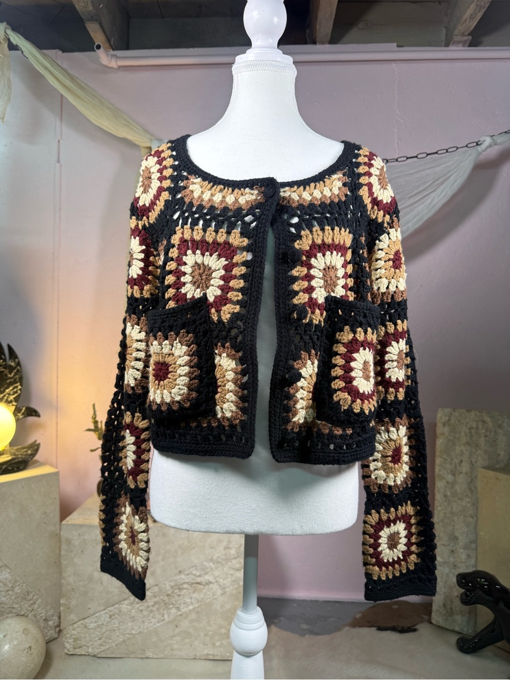 Zara Boho Crochet Patchwork Cardigan Size Large